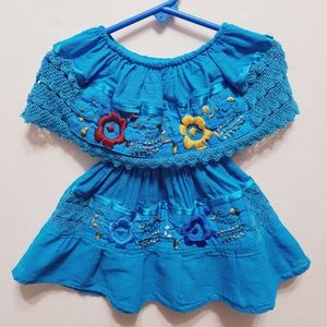 Girl's Blue Artisanal Vestido Tipico Mexicano Floral Embroidered Crochet Dress